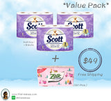 กระดาษทิชชู่ Scott Clean Care 3 ชั้น 18 ม้วน + กระดาษเช็ดหน้า Zilk 1 ห่อ (150แผ่น)